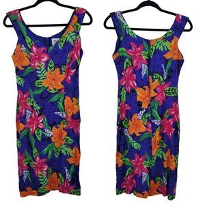 Vintage Blue Tropical Floral Sleeveless Mini Sheath Dress L Rayon USA Aloha Wear
